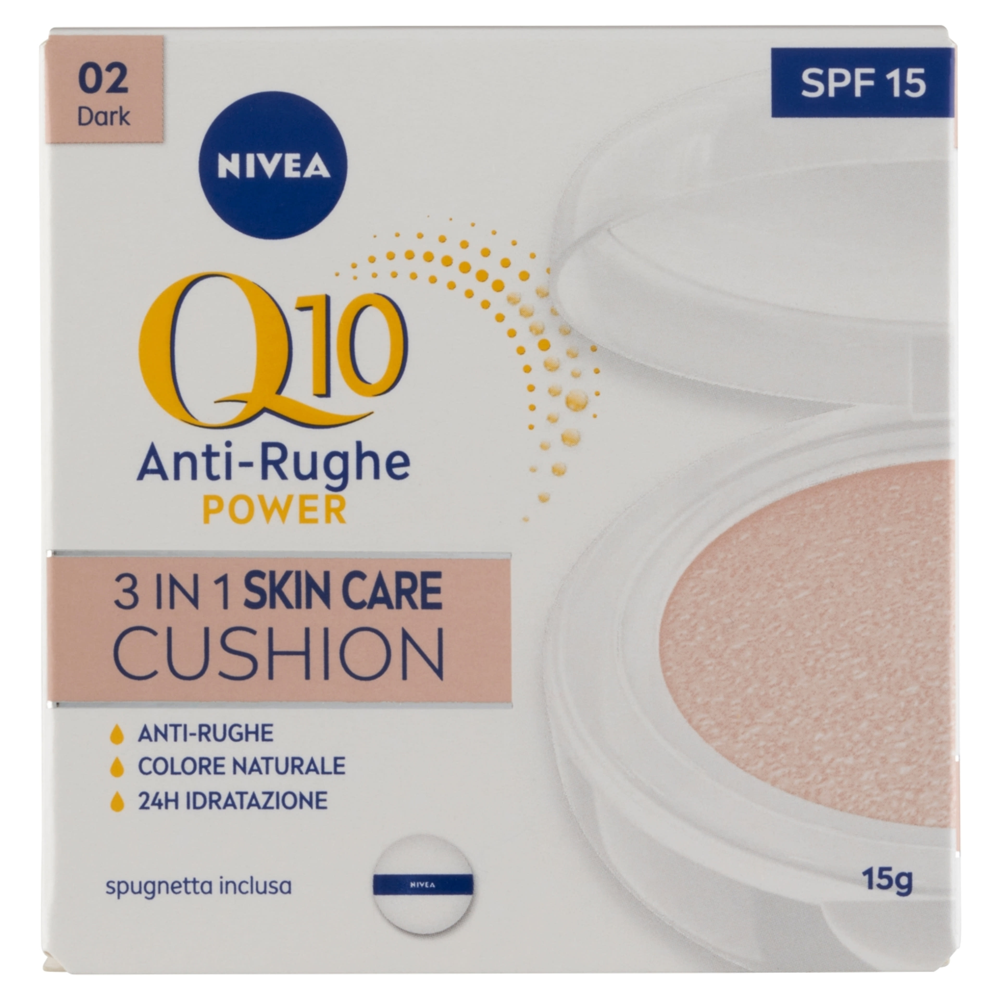 Nivea Q10 Anti-Rughe Power Cushion 3 az 1-ben színezett bőrápoló sötét bőrre - 15 g-1