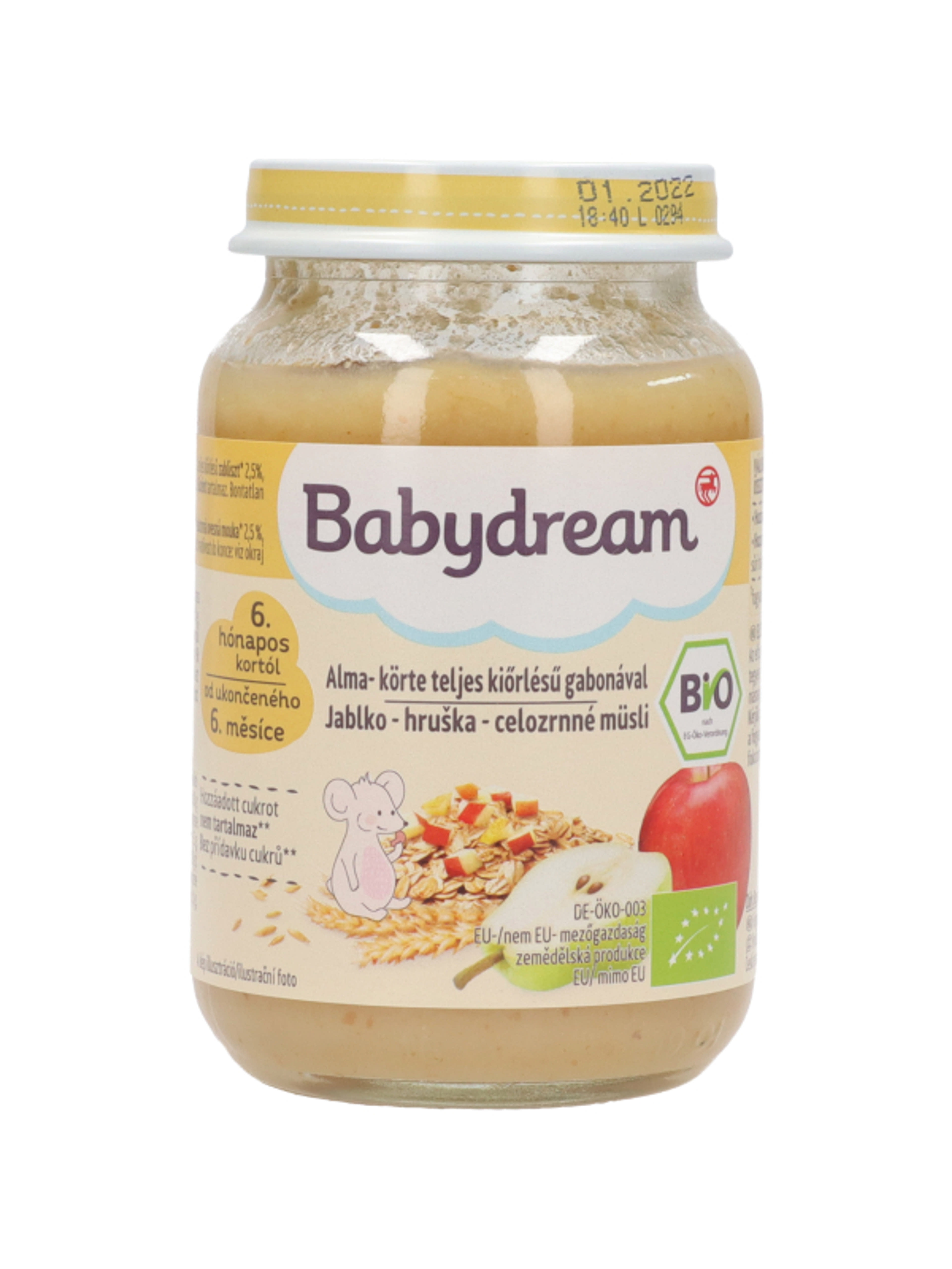 Babydream bio bébiétel körte-alma ízesítésű teljeskiörlésű müzlivel 5/6 hónapos kortól - 190 g