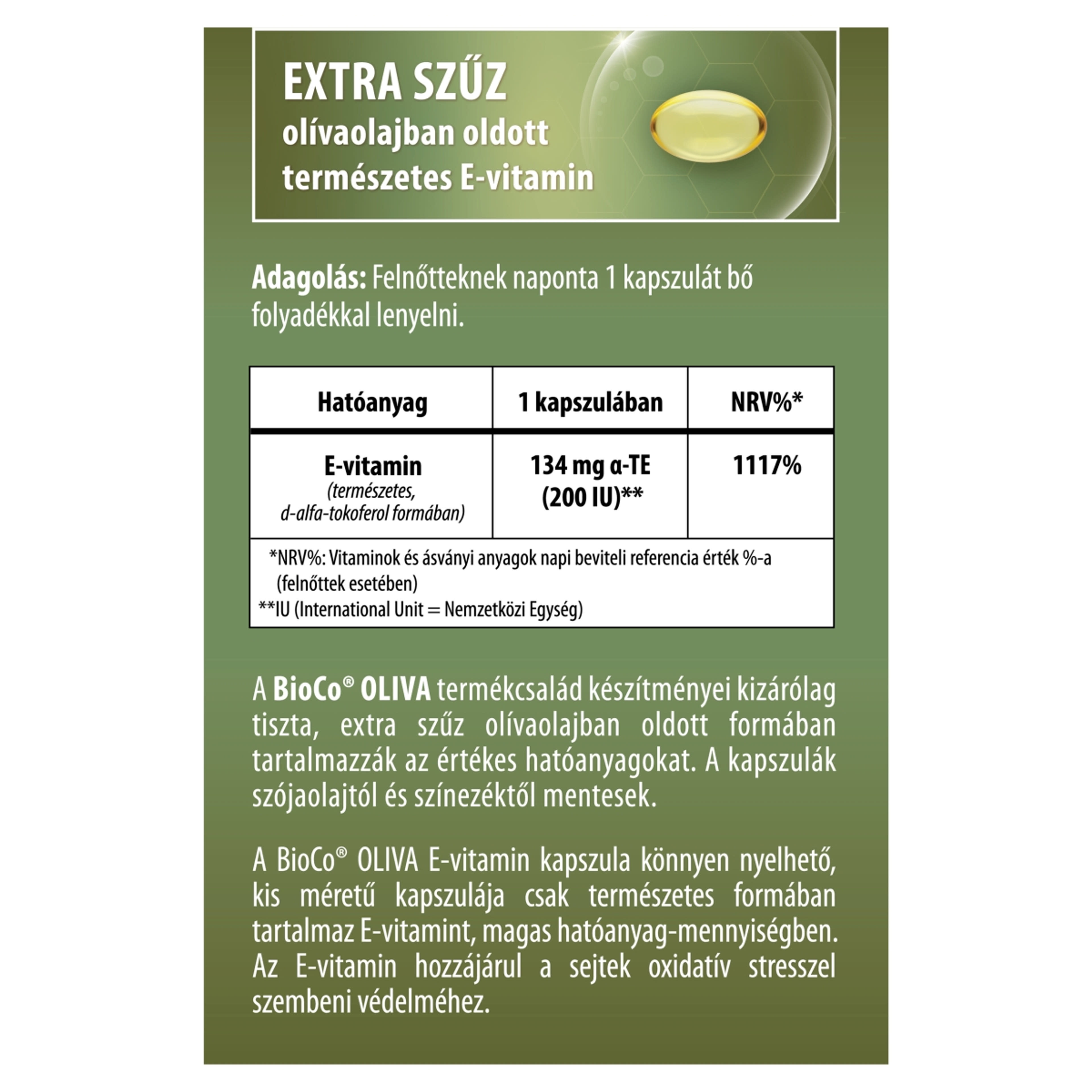 BioCo Oliva Természetes E-vitamin 200 IU étrend-kiegészítő lágyzselatin kapszula - 60 db-2