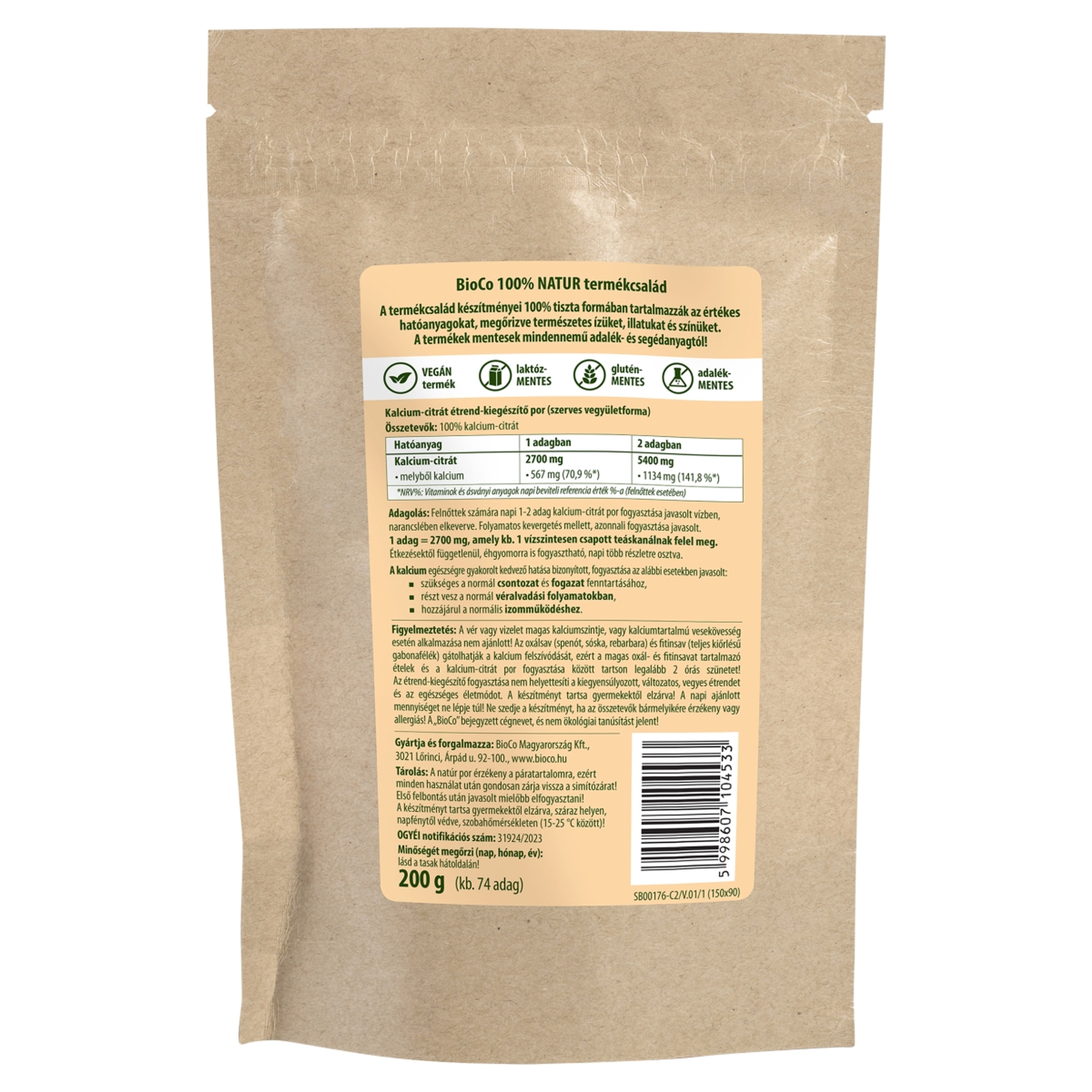 BioCo 100% Natur szerves kalcium-citrát tasakos por - 200 g-3