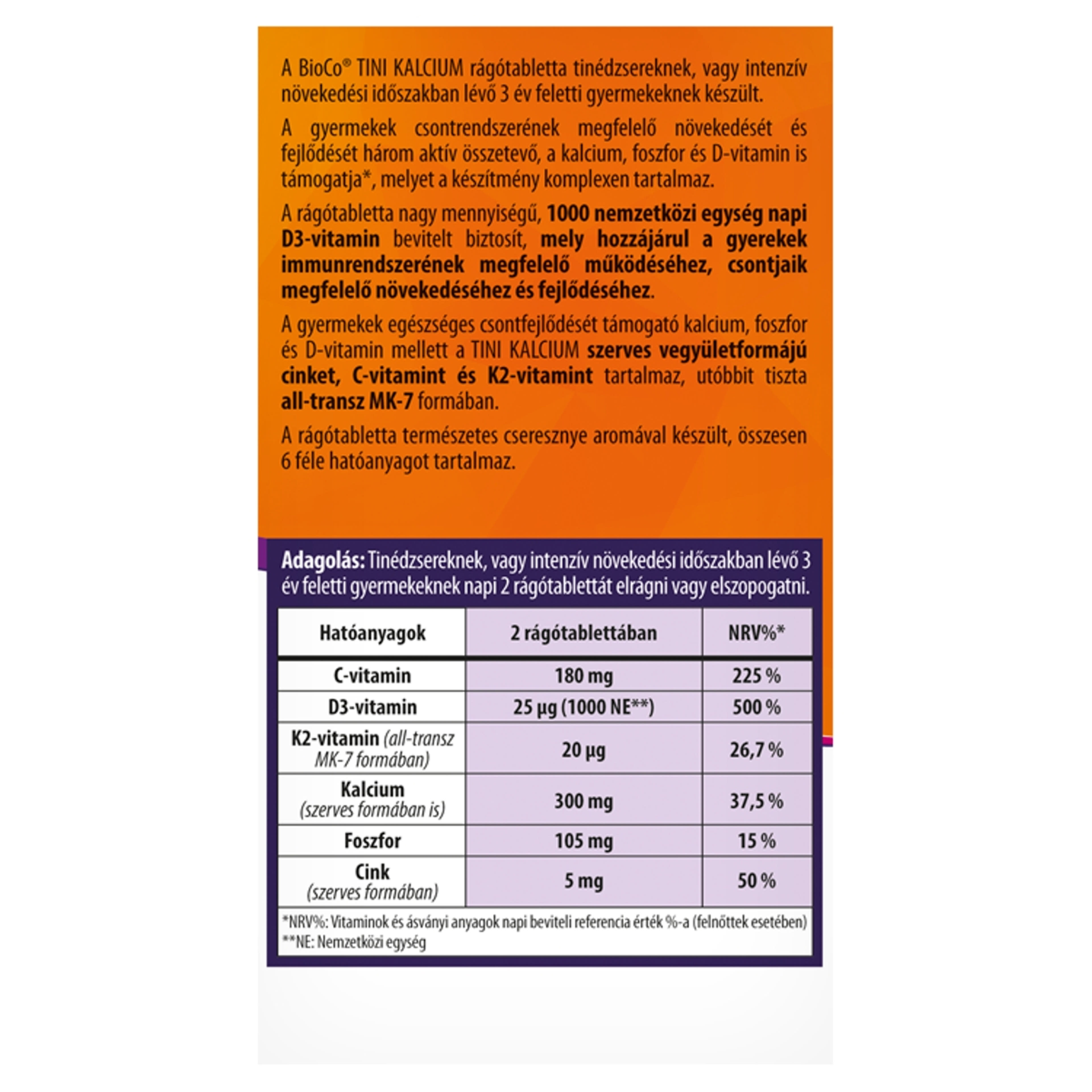 BioCo Tini Kalcium étrend-kiegészítő rágótabletta cseresznye ízű - 90 db-2