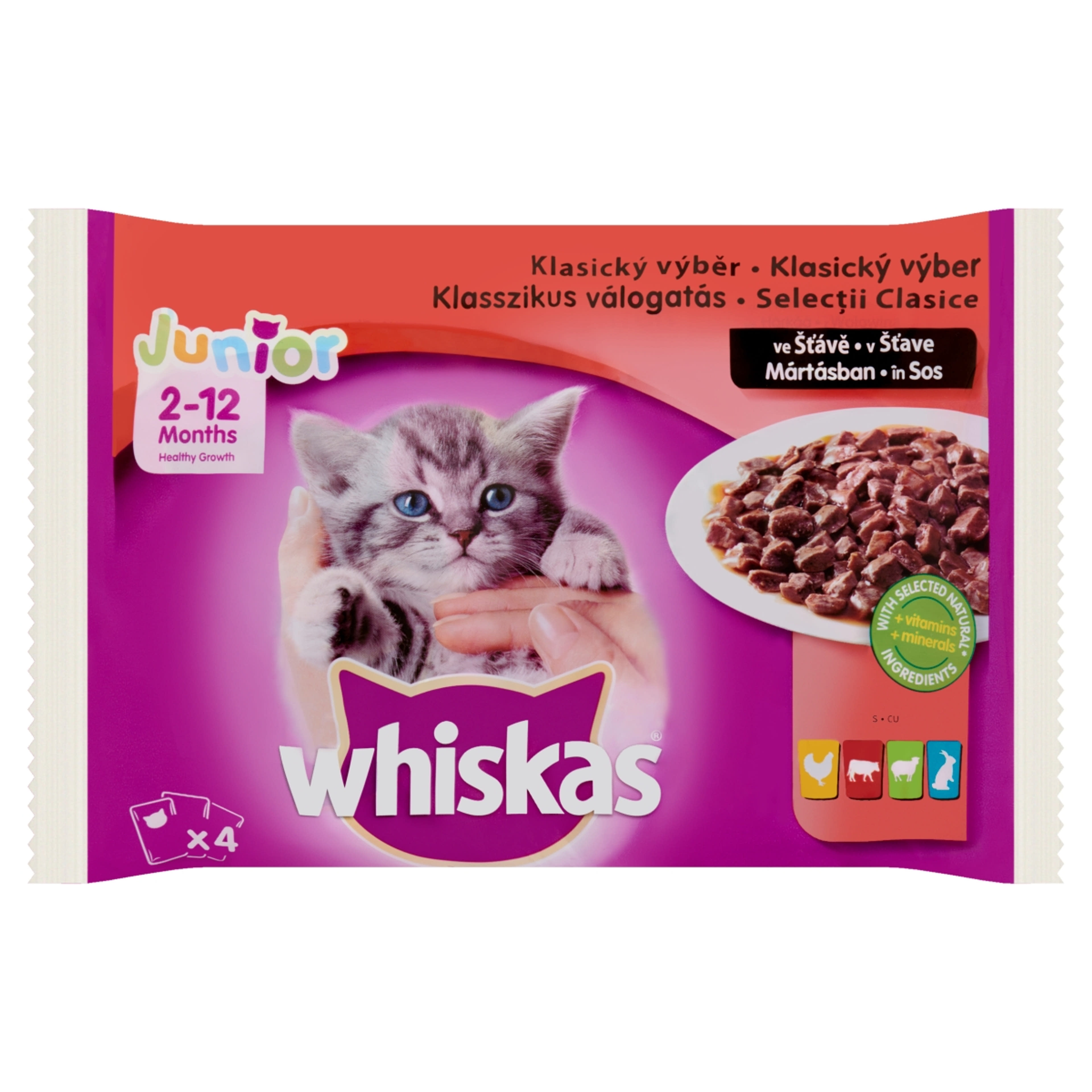 Whiskas Junior teljes értékű alutasak macskáknak, húsos válogatás mártásban - 4x100 g