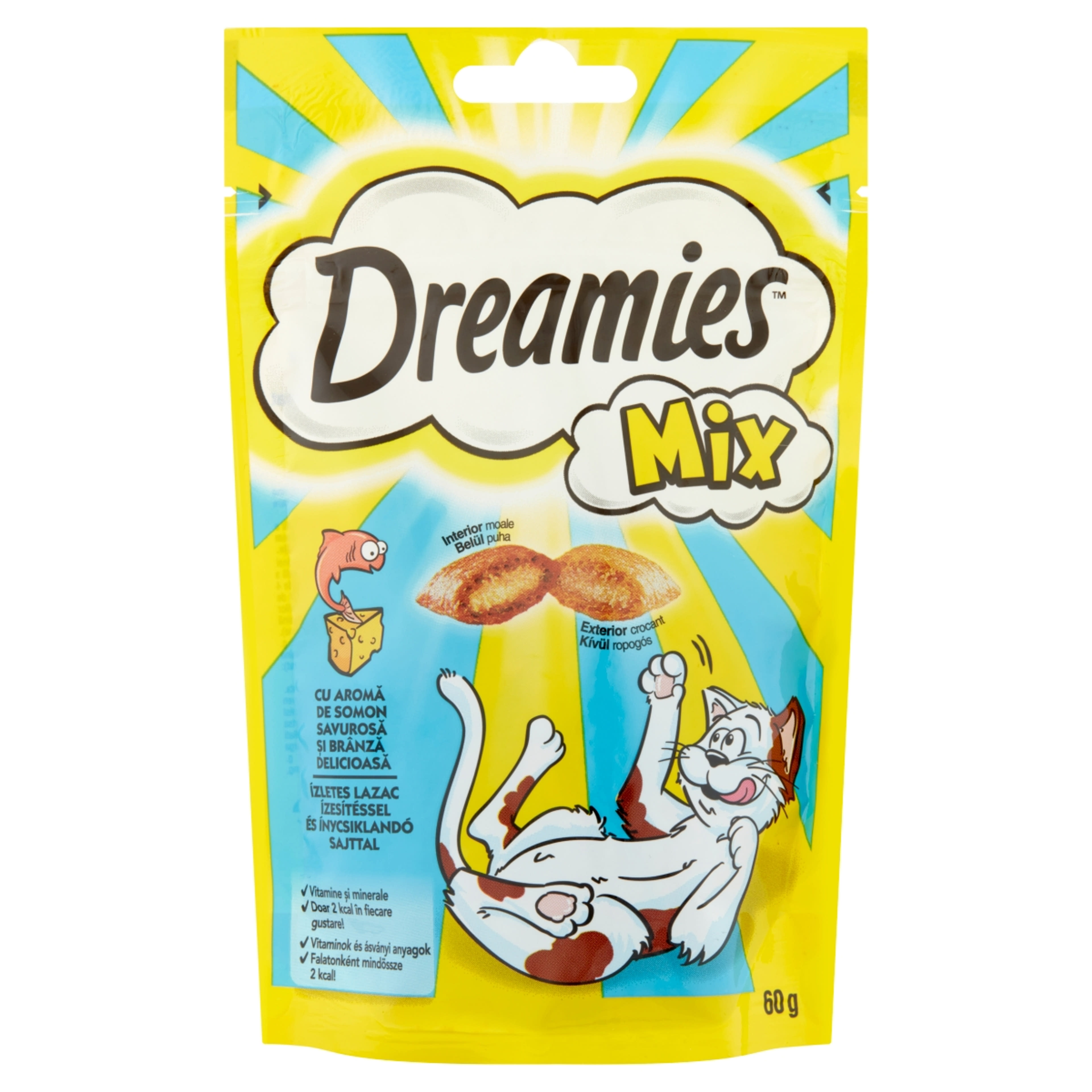 Dreamies Mix felnőtt és junior kiegészítő szárazeledel macskáknak, lazaccal és sajttal - 60 g