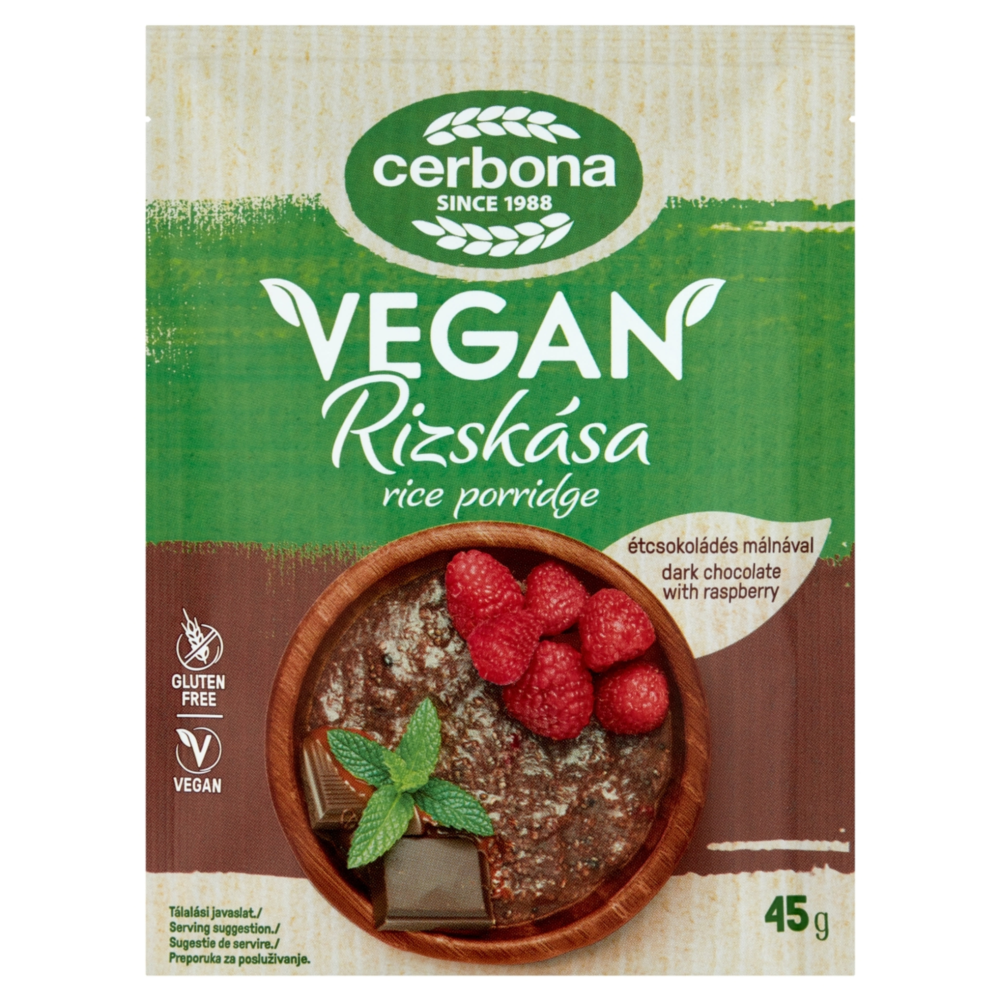 Cerbona Vegan gluténmentes, étcsokoládés rizskása málnával - 45 g-1