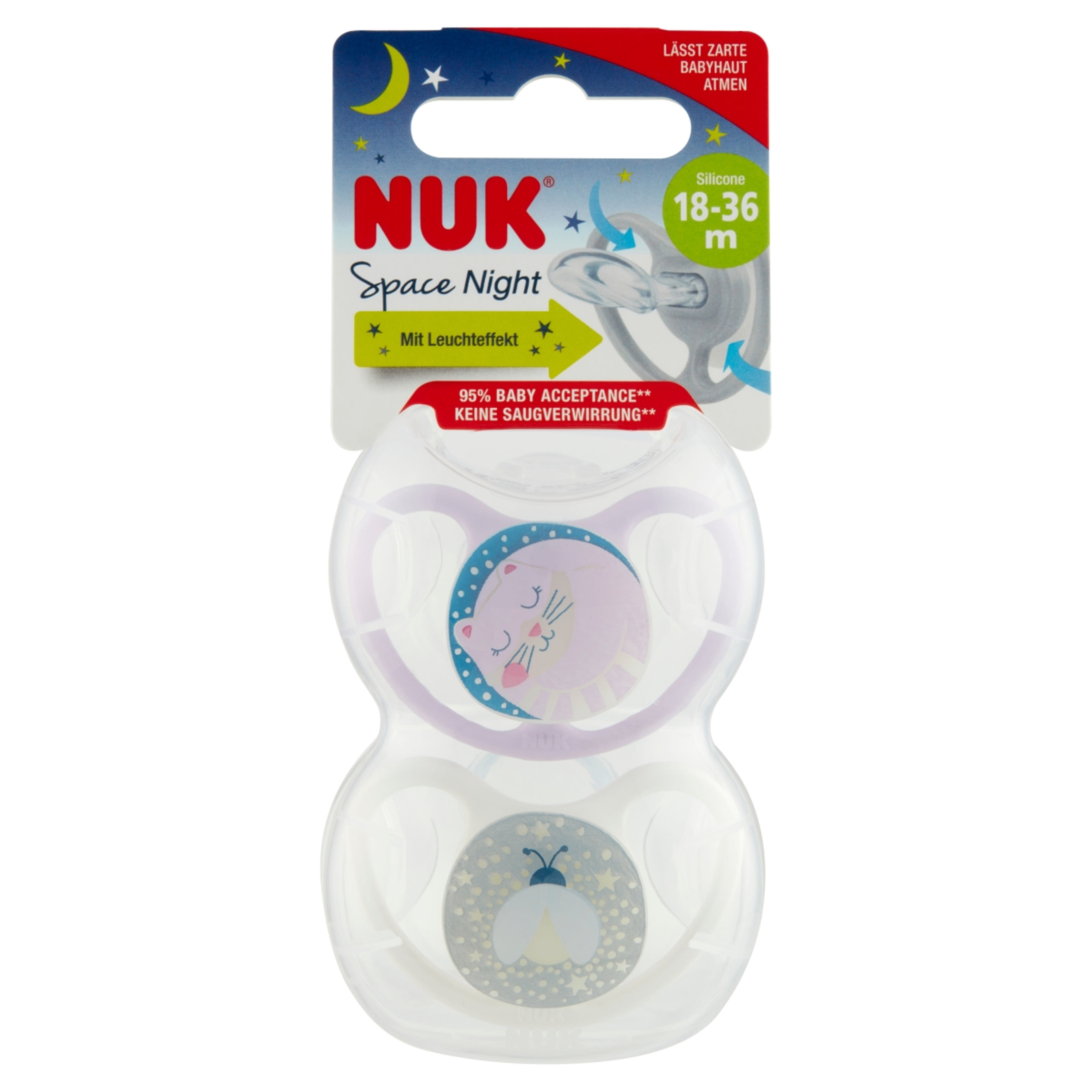 Nuk Space Night szilikon altatócumi, 18-36 hónapos korig, lány - 2 db