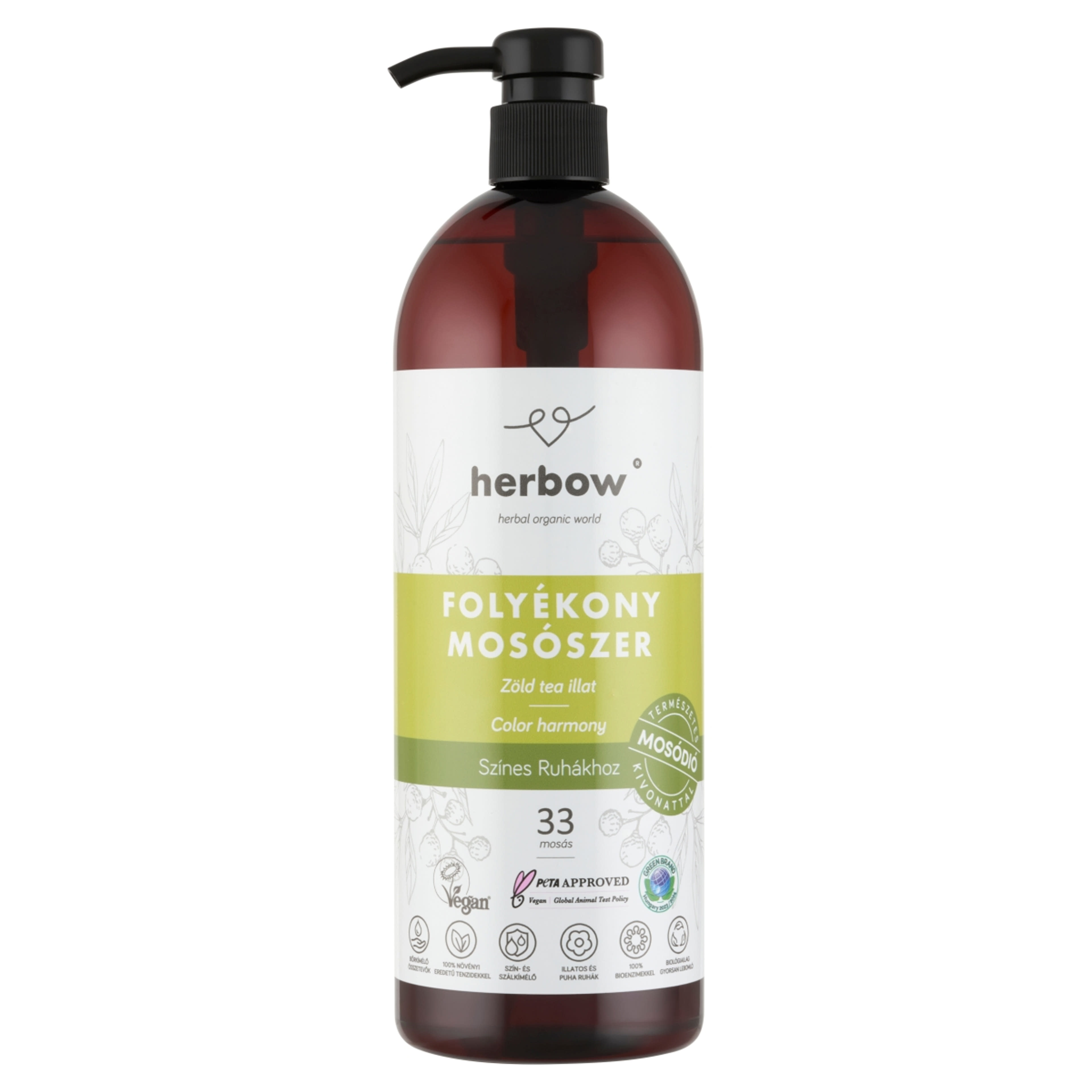 Herbow folyékony mosószer színes ruhákhoz, zöld tea 33 mosás - 1 L