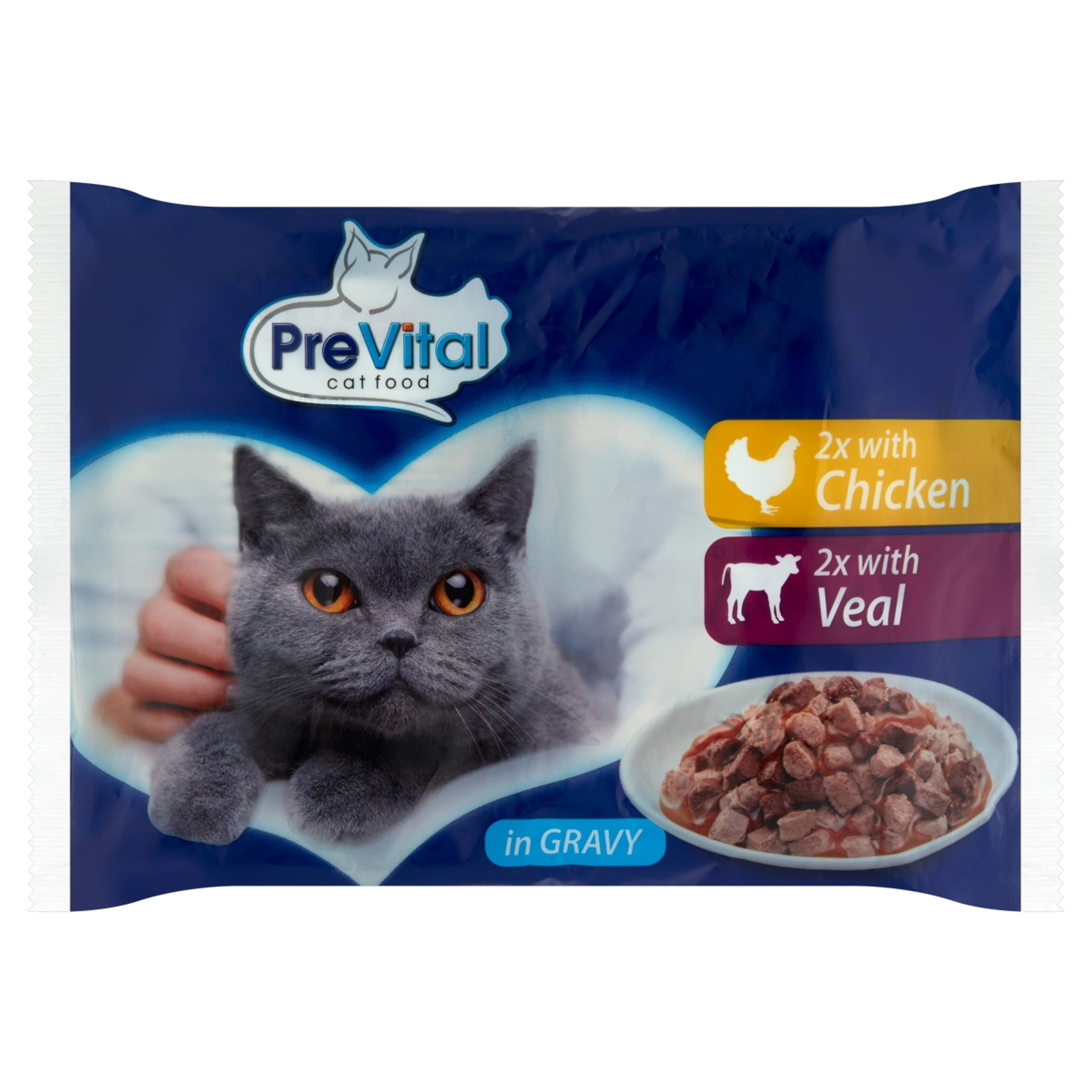 PreVital felnőtt teljes értékű alutasak macskáknak, csirkével és borjúval (4x100 g) - 400 g-1