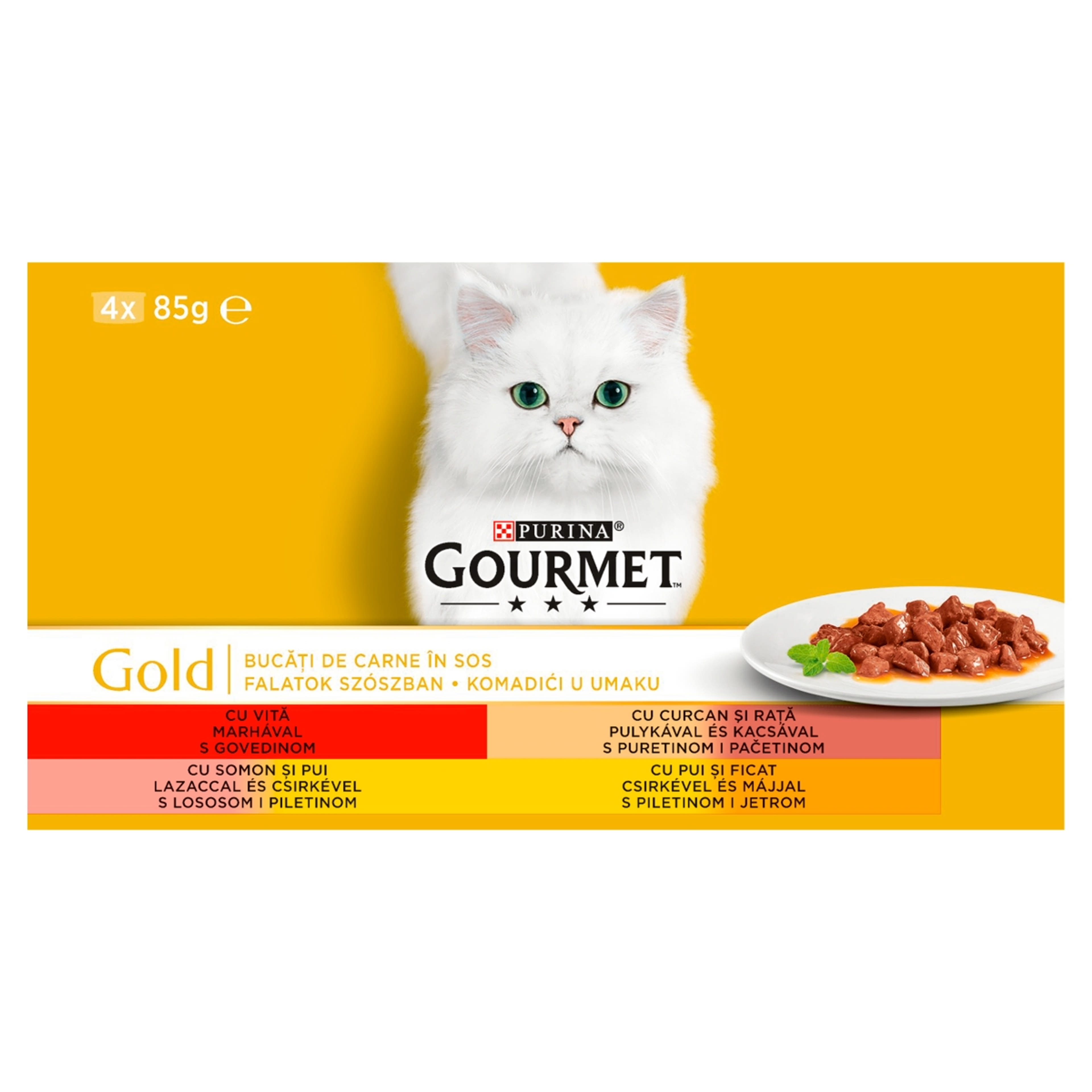 Gourmet Gold felnőtt teljes értékű konzerv macskáknak, falatok szószban 4 ízben (4x85 g) - 340 g