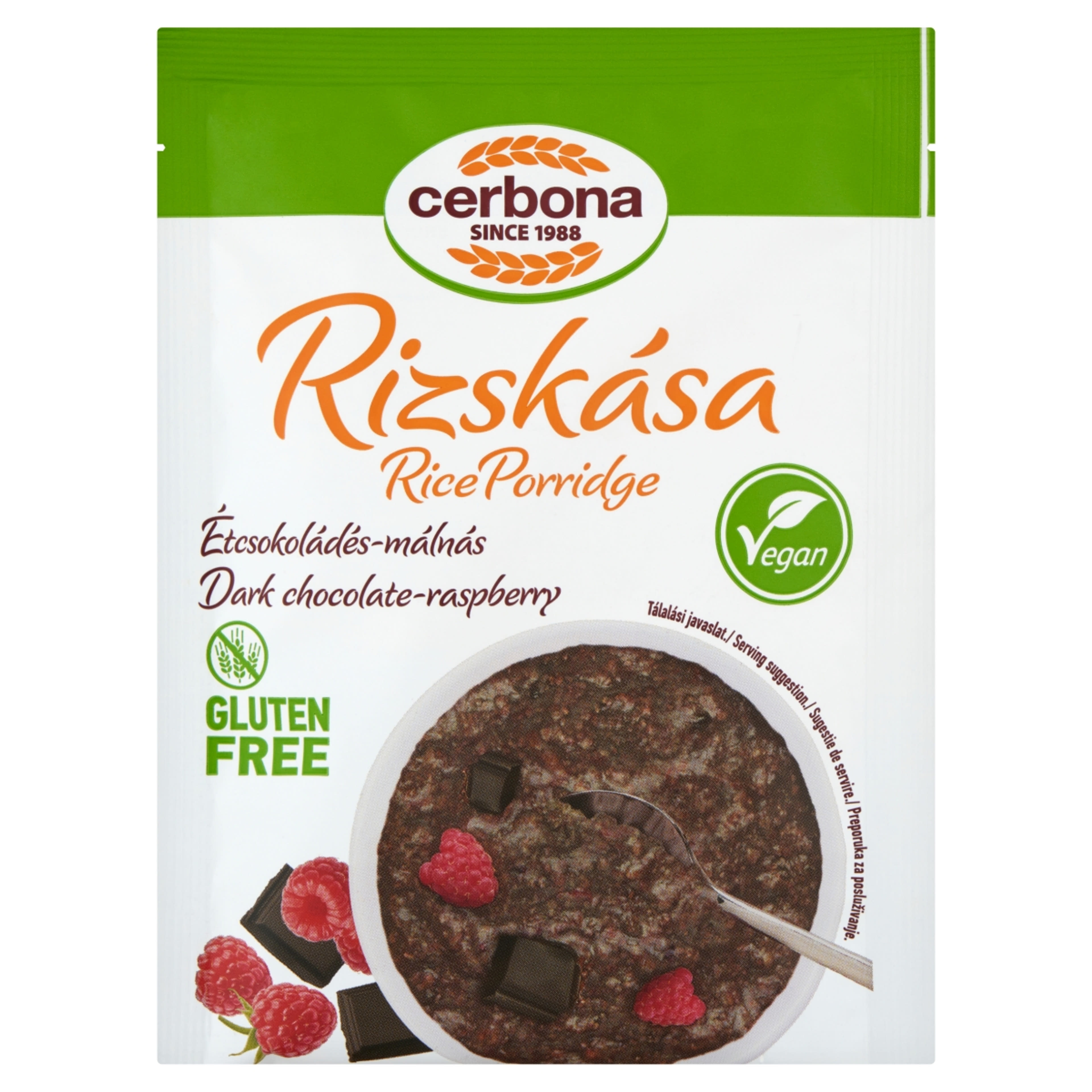 Cerbona Vegan gluténmentes, étcsokoládés rizskása málnával - 45 g