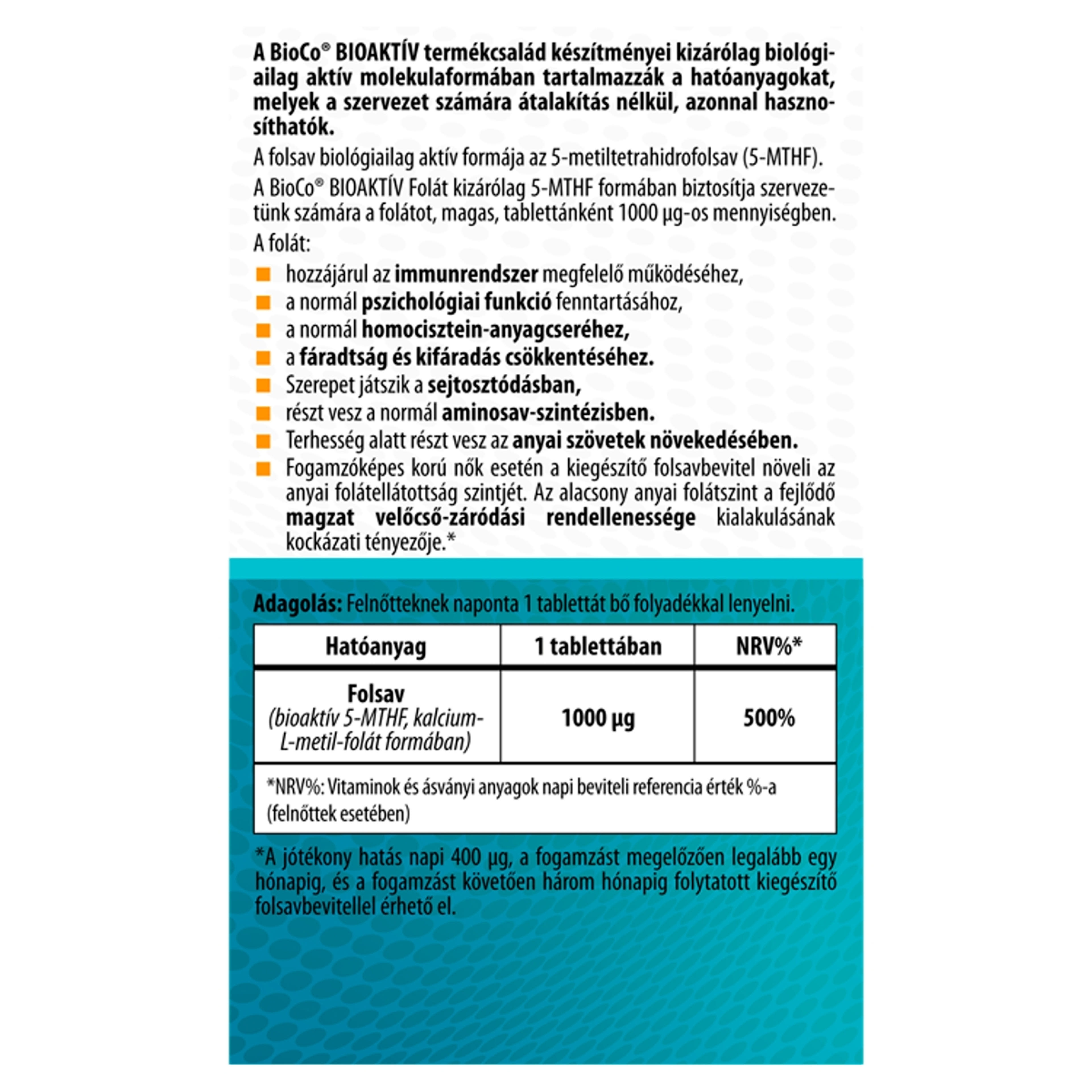 BioCo Bioaktív Folát 1000 µg étrend-kiegészítő tabletta - 30 db-3
