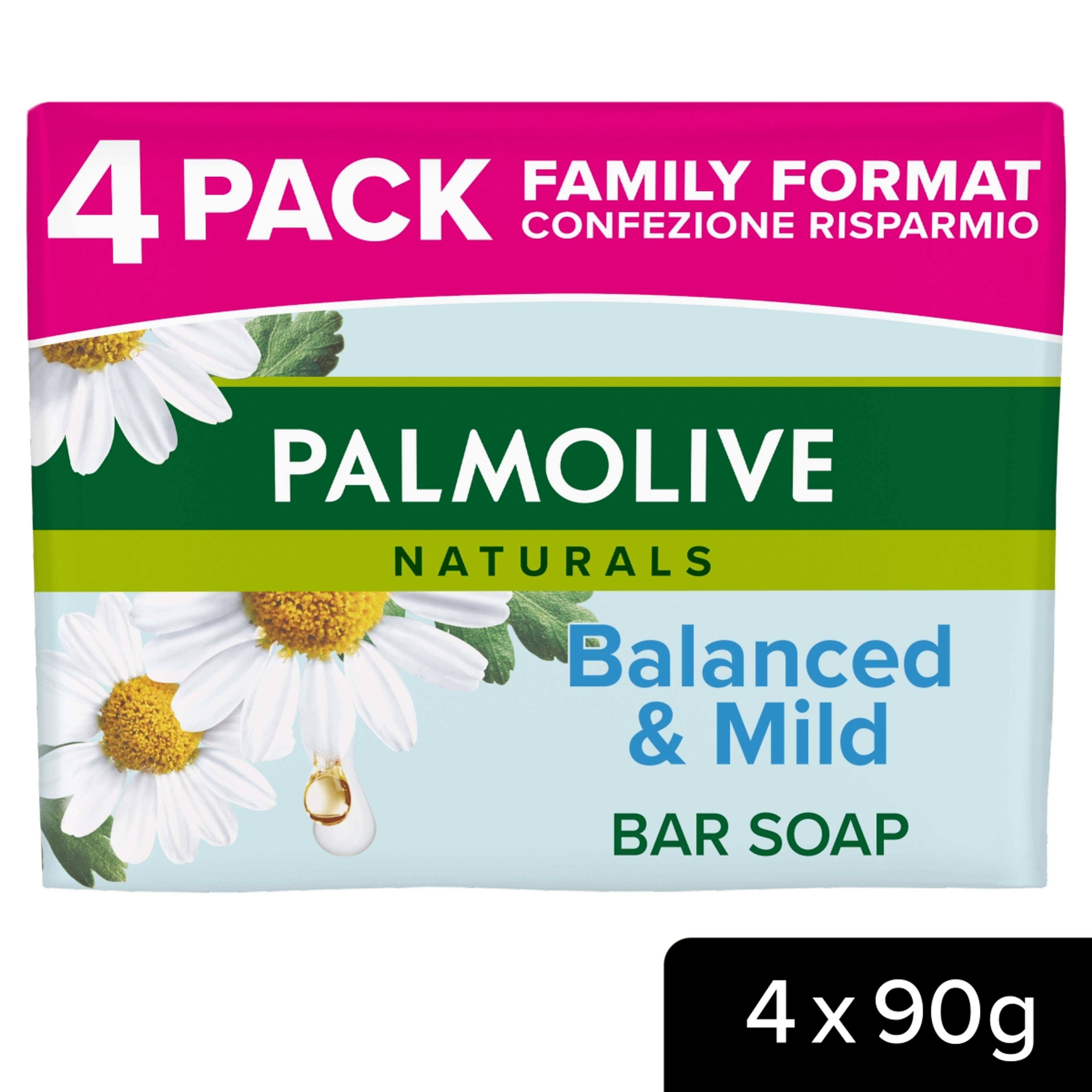 Palmolive Naturals Balanced & Mild pipereszappan kamilla kivonattal és E vitaminnal 4 x 90 g - 360 g