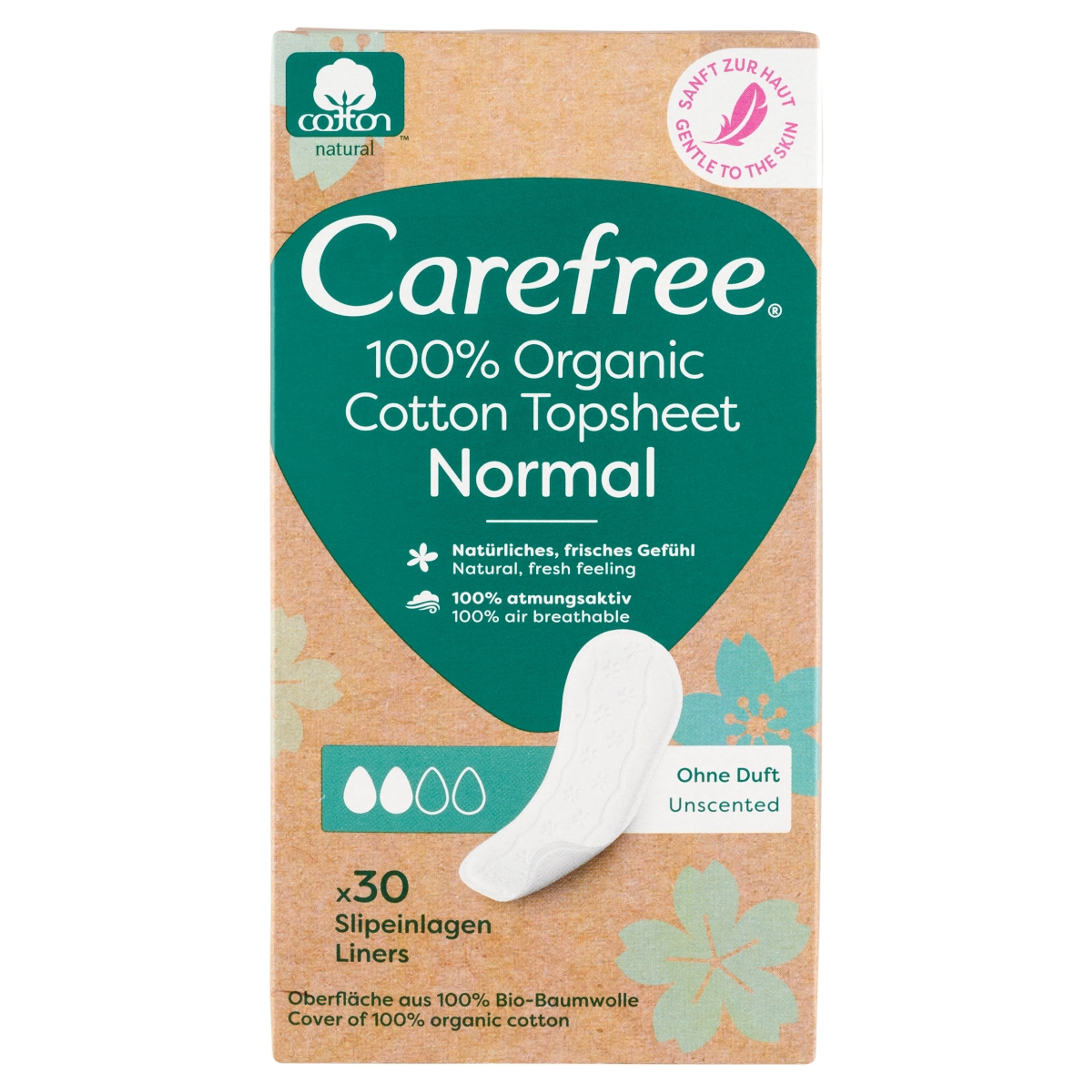 Carefree 100% Organic Cotton Topsheet Normal tisztasági betét illatmentes - 30 db