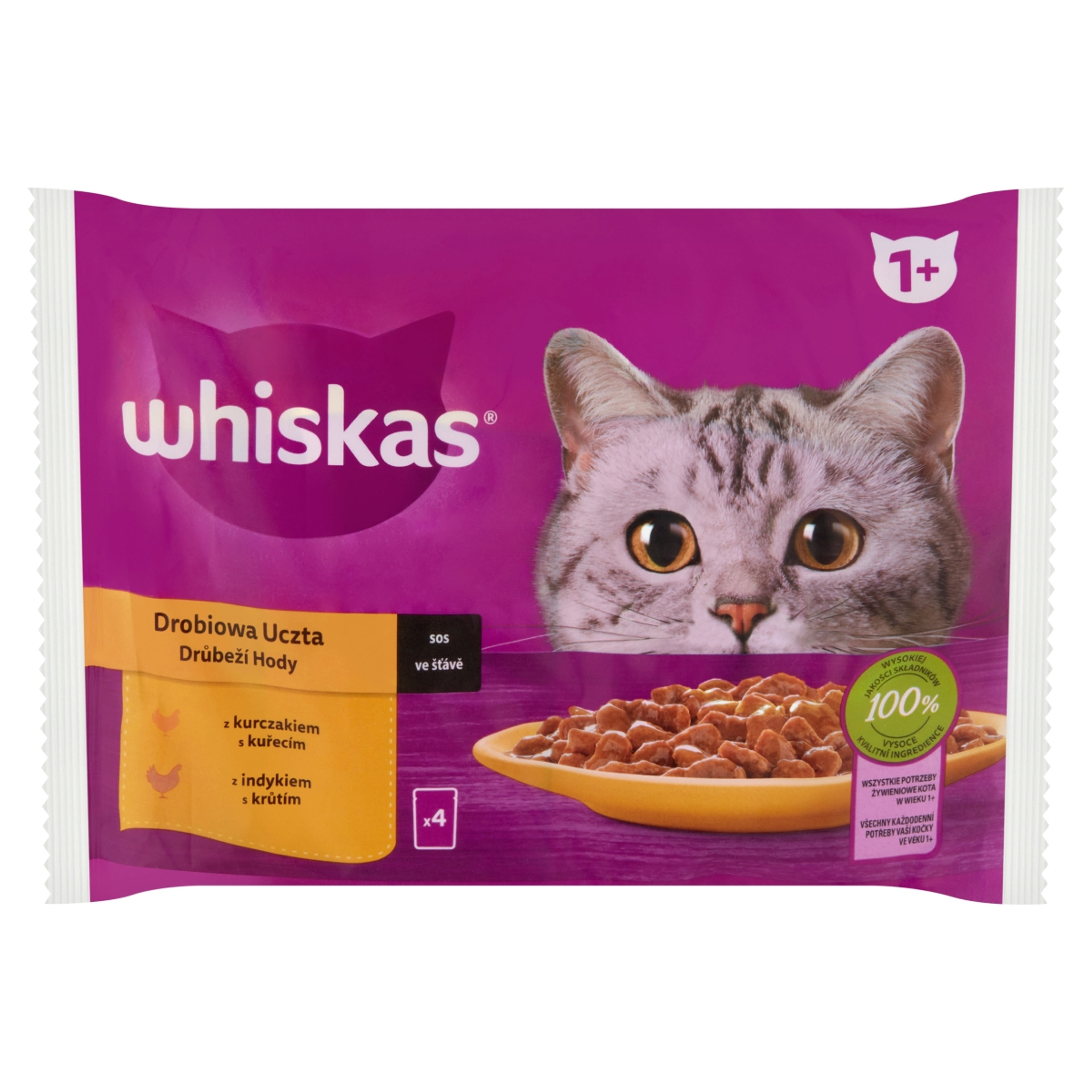 Whiskas 1+ Baromfi Lakomák alutasak felnőtt macskáknak 4 x 85 g - 340 g-2