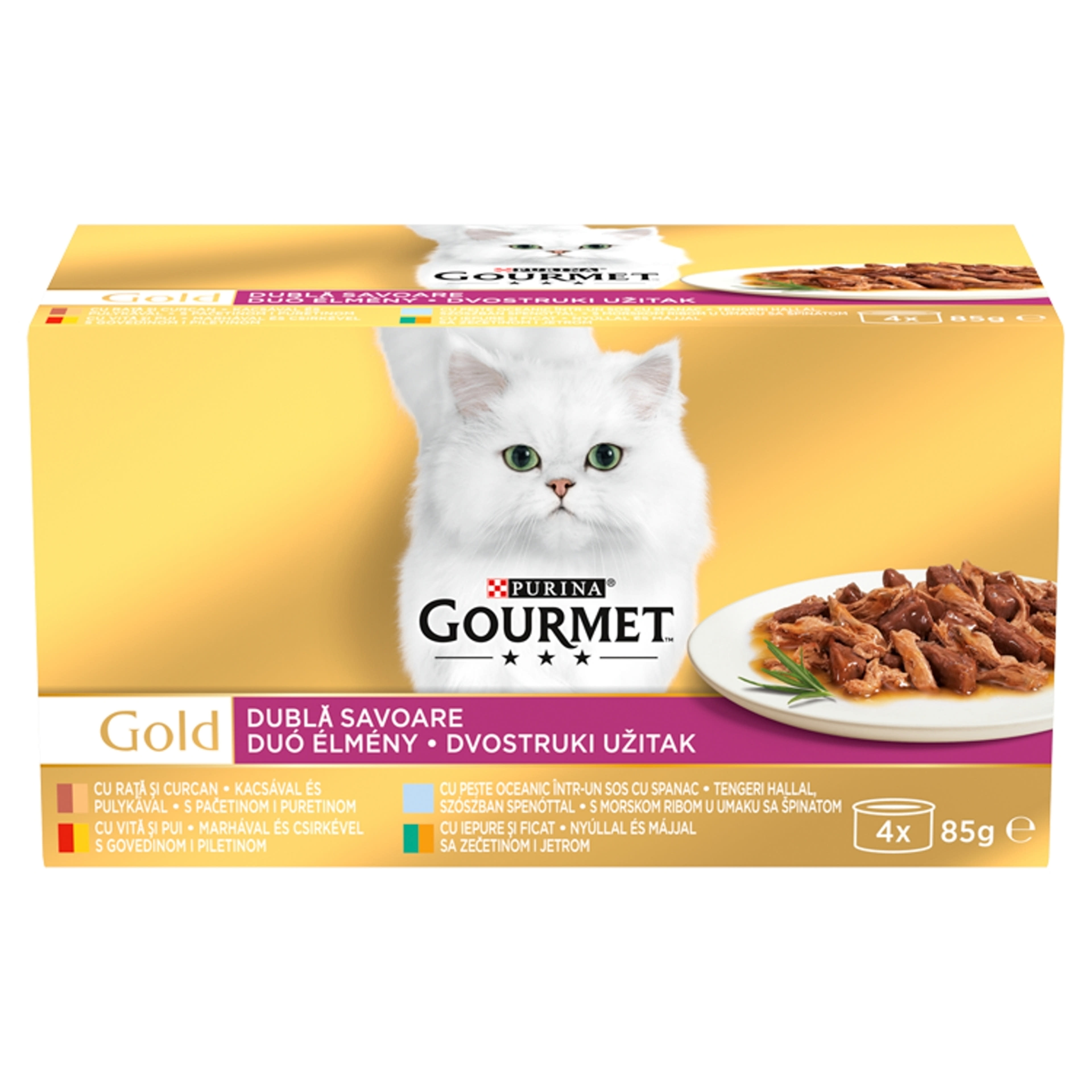 Gourmet Gold Duo Élmény felnőtt teljes értékű konzerv macskáknak, 4 ízben (4x85 g) - 340 g