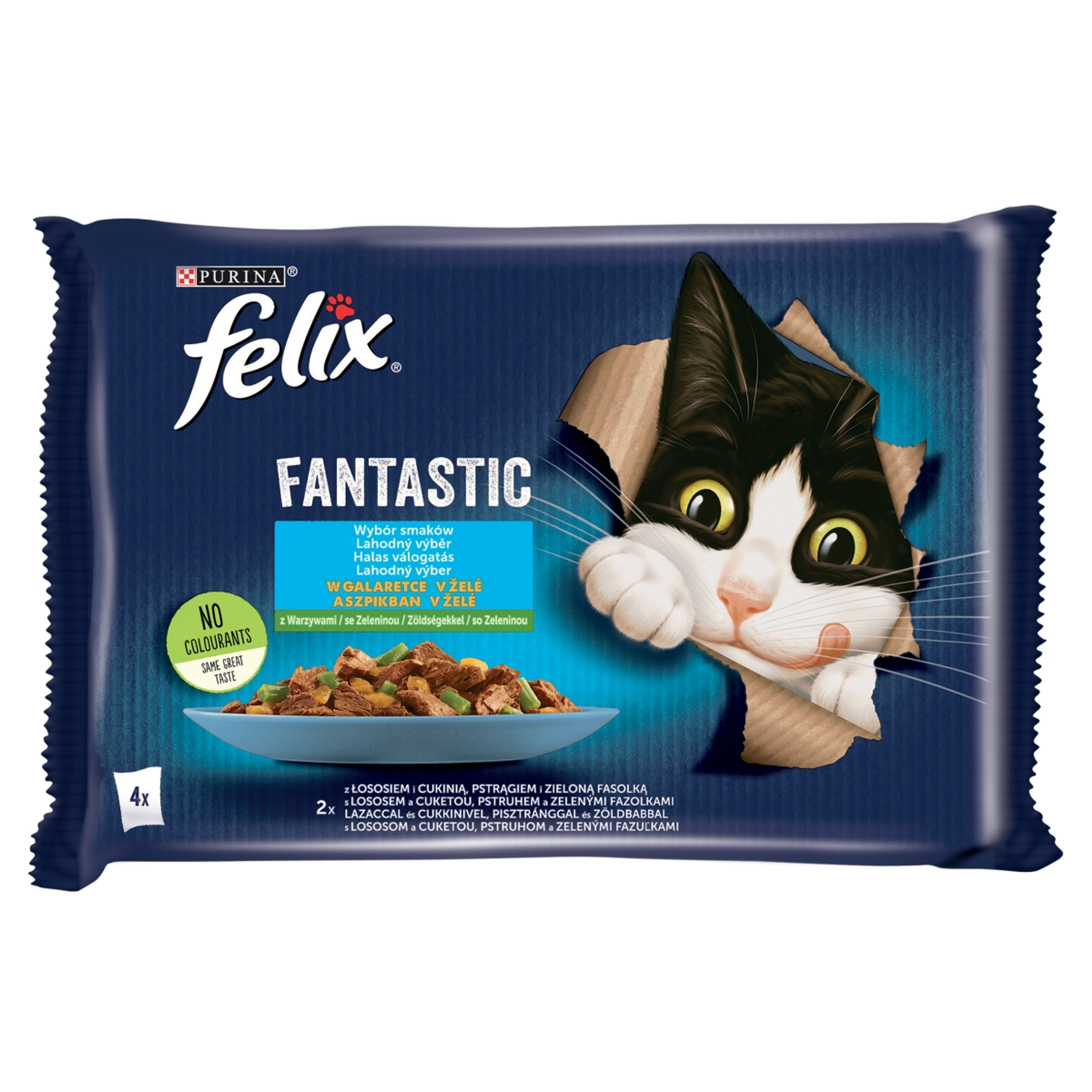 Felix Fantastic Lazaccal/Pisztránggal aszpikban, nedves macskaeledel (4 x 85 g) - 340 g-1