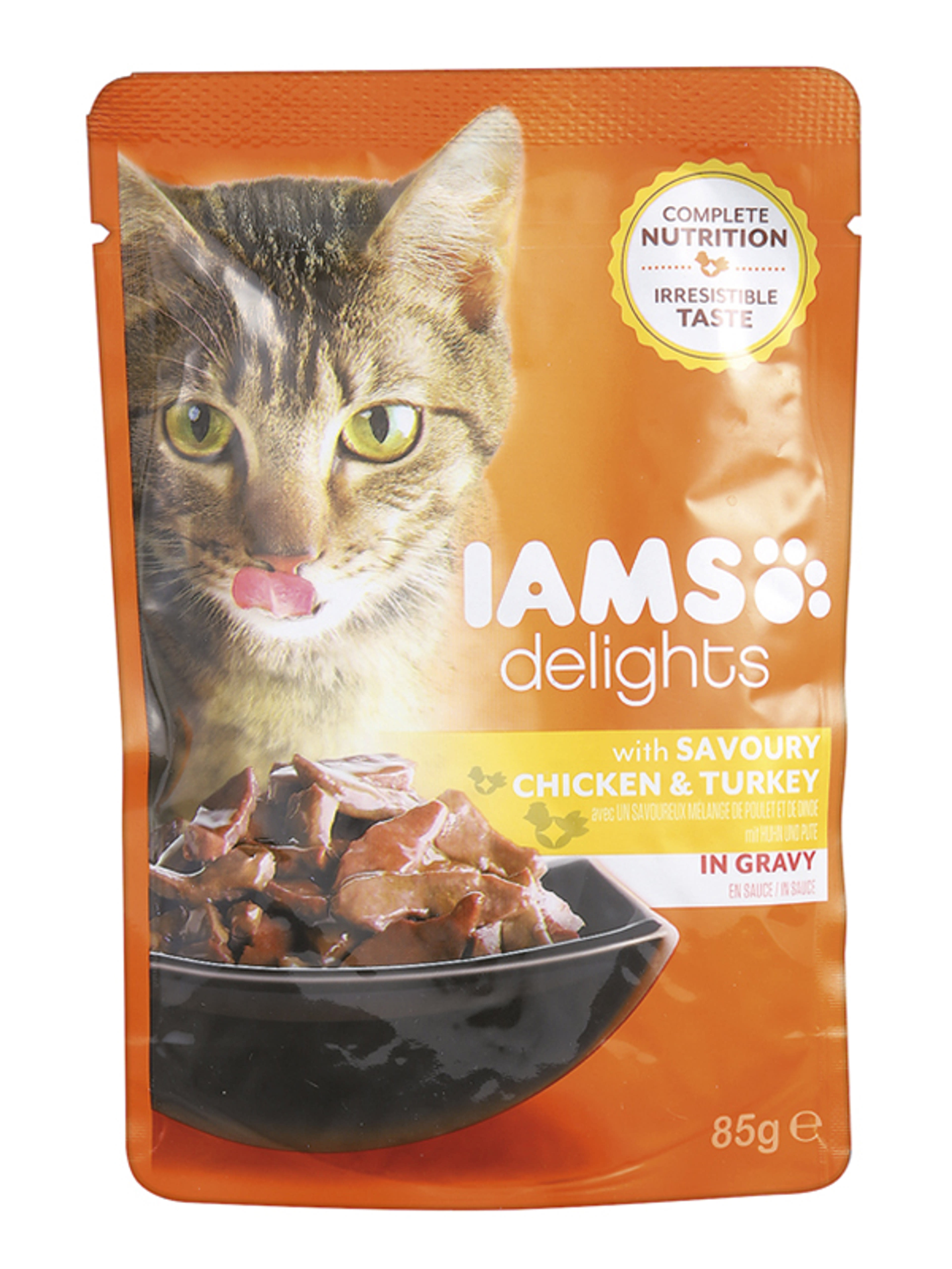 IAMS Delights alutasak macskáknak, csirkehús és pulykahús falatkák szószókban - 85 g