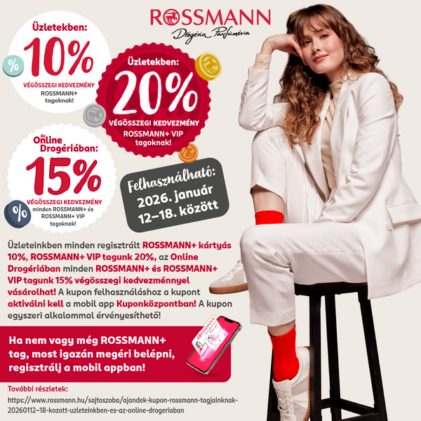 Ajándék kupon Rossmann+ tagjainknak 2026.01.12-18. között üzleteinkben és az Online Drogériában!