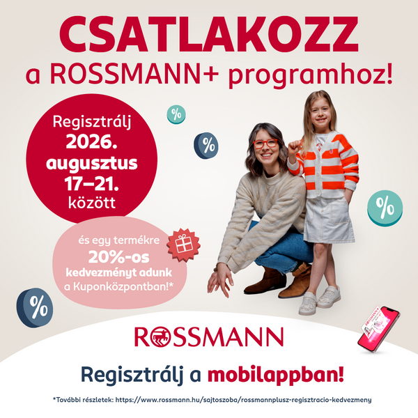 Csatlakozz a Rossmann+ programhoz 2026.08.17-21. között és vásárolj 20% kedvezménnyel egy terméket!