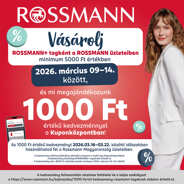 1000 forint értékű kedvezmény Rossmann+ tagoknak - Szerezd meg és vásárolj kedvezményesen üzleteinkben!