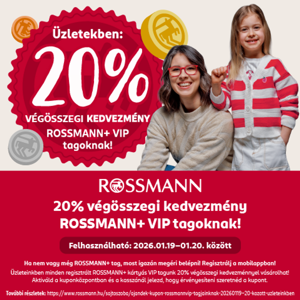 Ajándék kupon Rossmann+VIP tagjainknak 2026.01.19-20. között üzleteinkben!